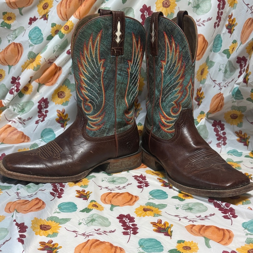 Ariat Men's Western Boots in Brown and Teal with Embroidered Design